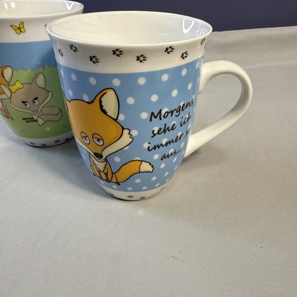 Vintage German Fox Coffee Mug Set Breakfast With You Morning Grouch Cute Cups - Picture 2 of 12